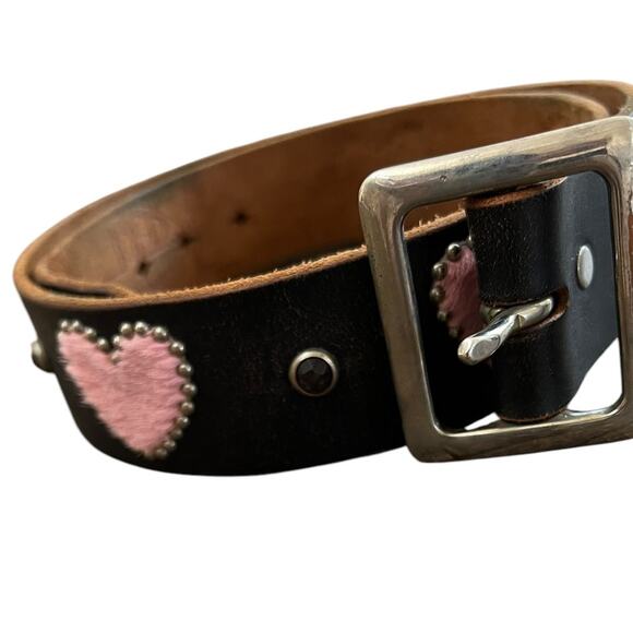 Vintage JOED Leather Belt with fur Pink Hearts and Brass Buckle  - Sz 34 - Picture 5 of 11